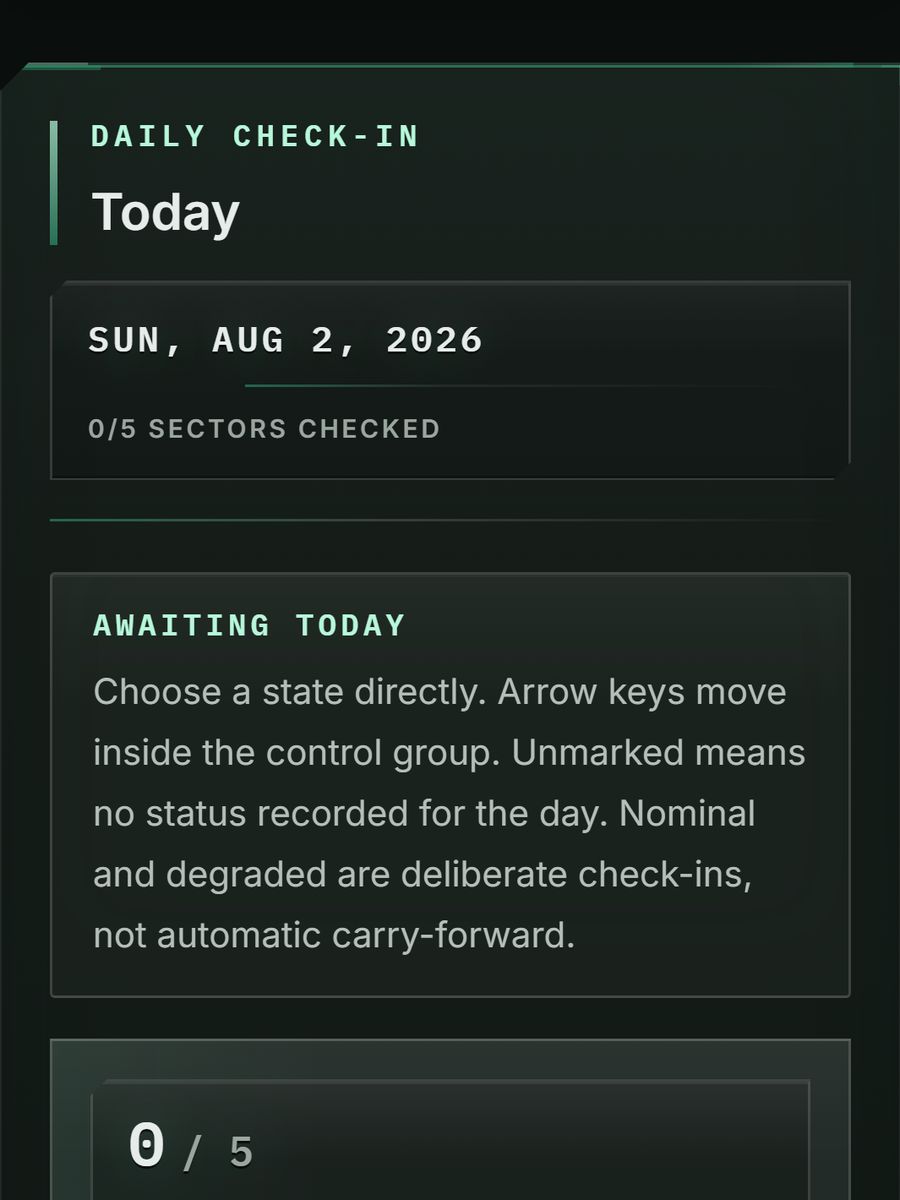 OpsNormal daily check-in showing the five readiness sectors and the local-only data posture.